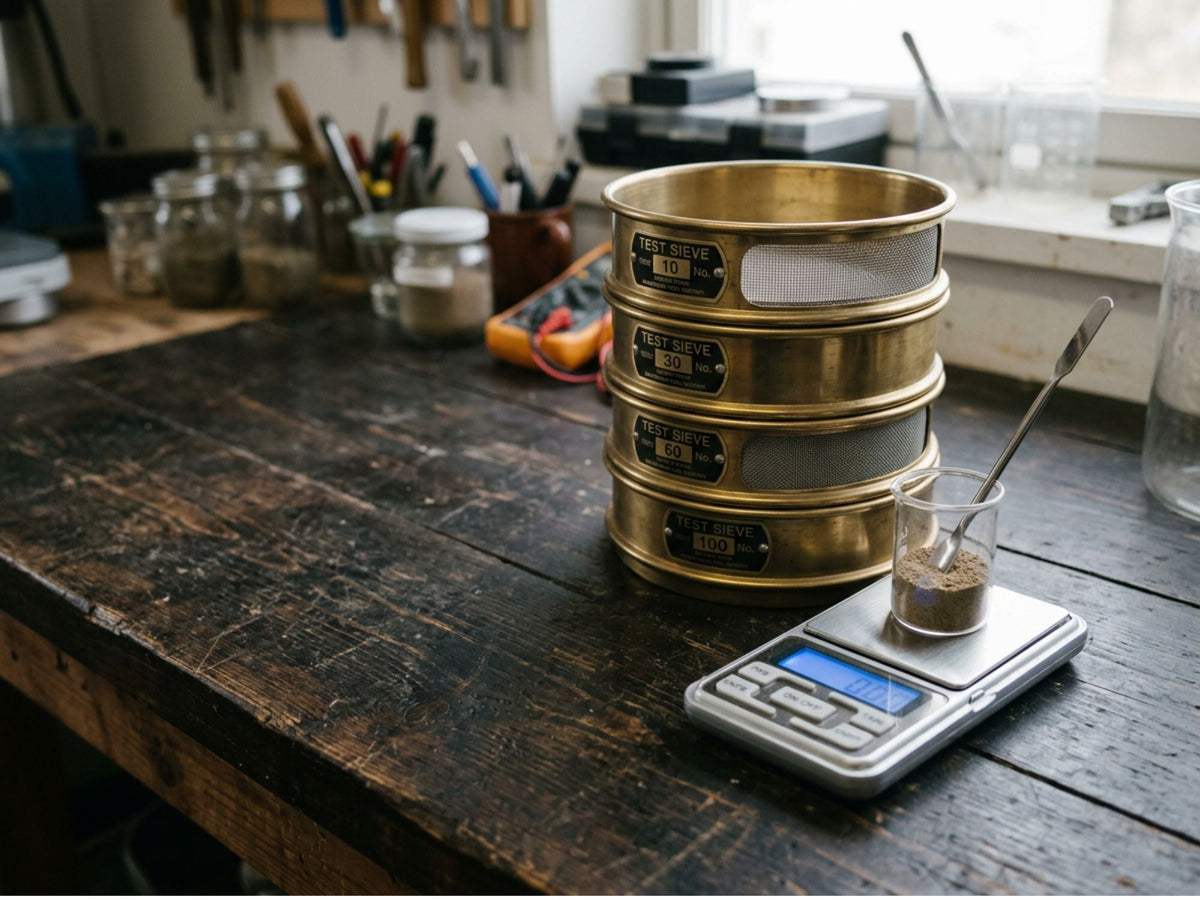 Stack of brass test sieves beside a small digital scale on a workshop bench