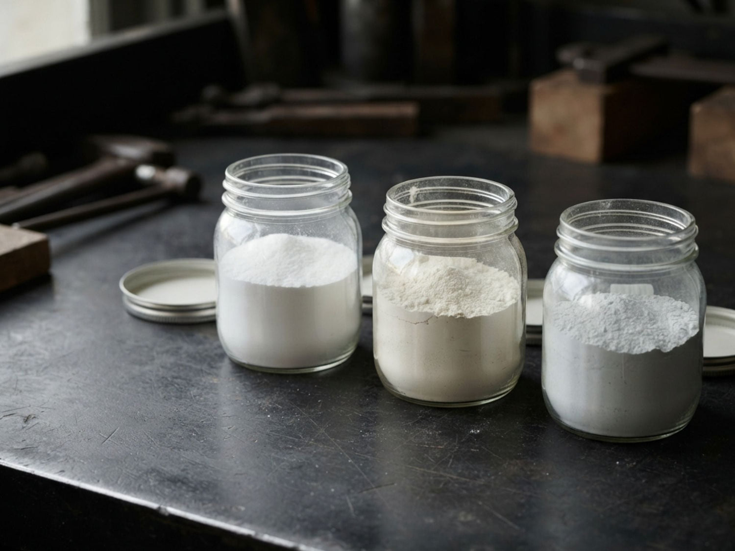 Three open jars of pale ceramic and glaze raw materials on a dark bench
