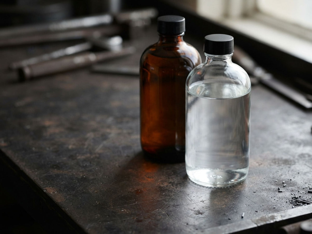 Clear and amber glass bottles of darkroom chemistry with light passing through