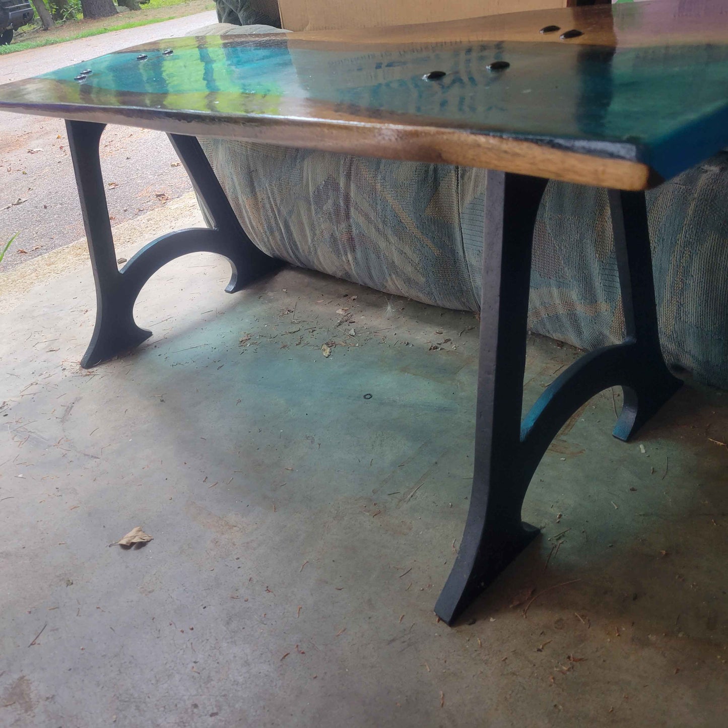 Handcrafted Black Walnut River Coffee Table with Cast Iron Legs 47"L x 15"W x 17