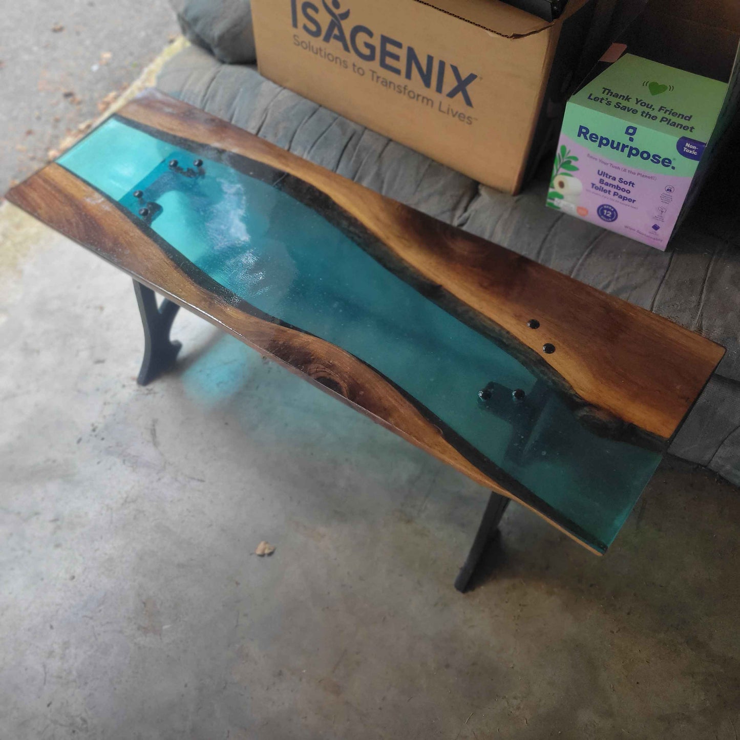 Handcrafted Black Walnut River Coffee Table with Cast Iron Legs 47"L x 15"W x 17