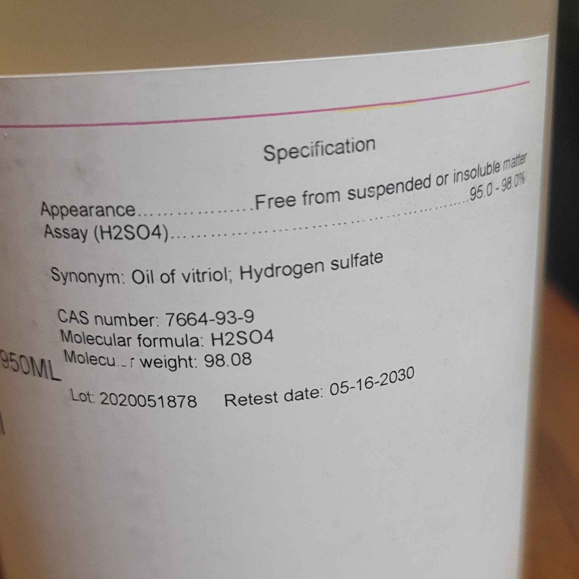 950ml Sulfuric Acid H2SO4 95-98% Purity Lab Grade - Invictus Supply Co.