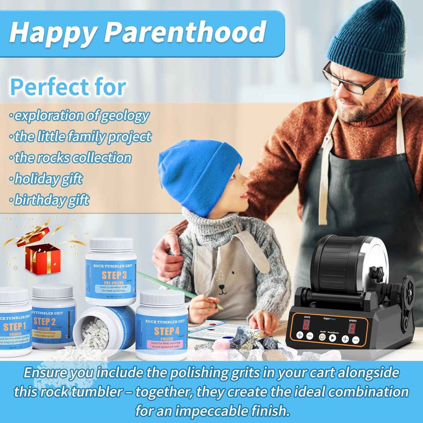 Professional Cutting-Edge Brushless Motor Advanced Ball Mill/Rock Tumbler Polisher Kit, Large 2.5Lb Barrel with 3-Speed & 9-Day Timer, Includes All Accessories, Ideal Gift for Adults & Collectors