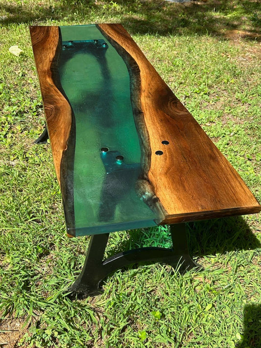 Handcrafted Black Walnut River Coffee Table with Cast Iron Legs 47"L x 15"W x 17
